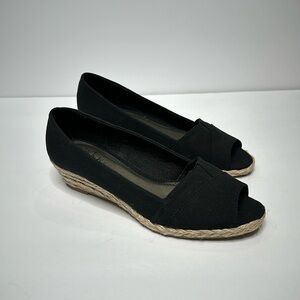 Life Stride Lioness Black Peep Toe Espadrille Wedges Heels Women’s Comfort Shoes